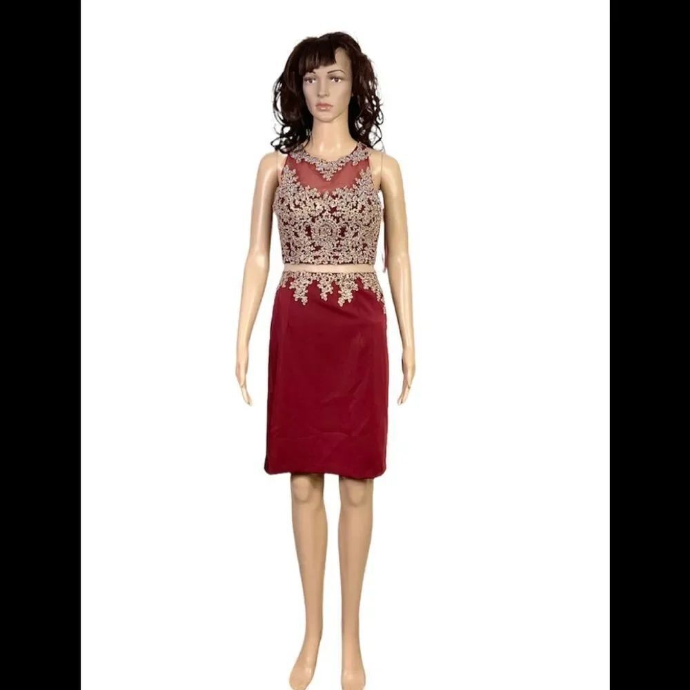 NEW Let’s Fashion burgundy gold embroidered embellished mesh formal mini dress S